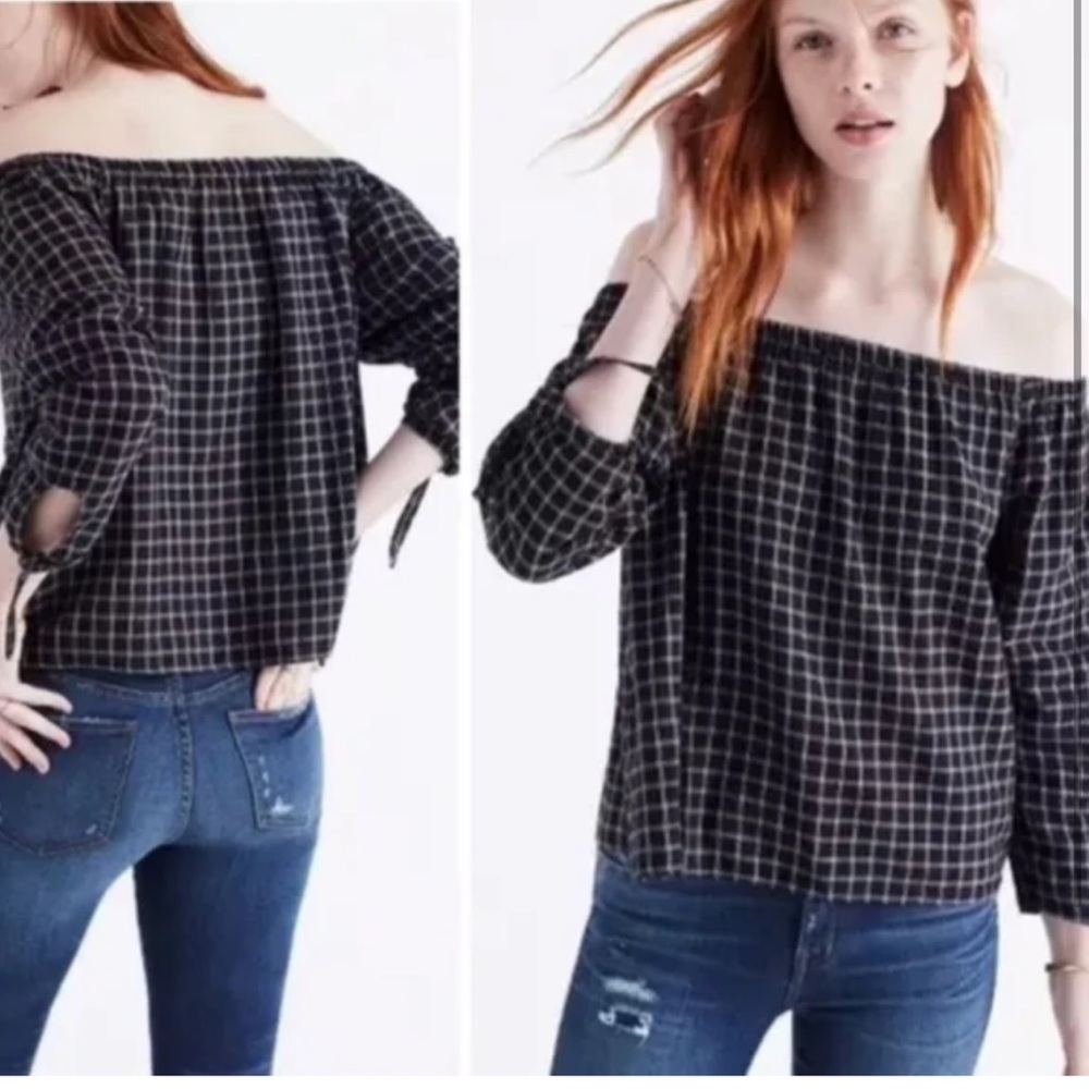 Madewell Black Checkered Off-Shoulder Blouse Womens Xl 100% Cotton